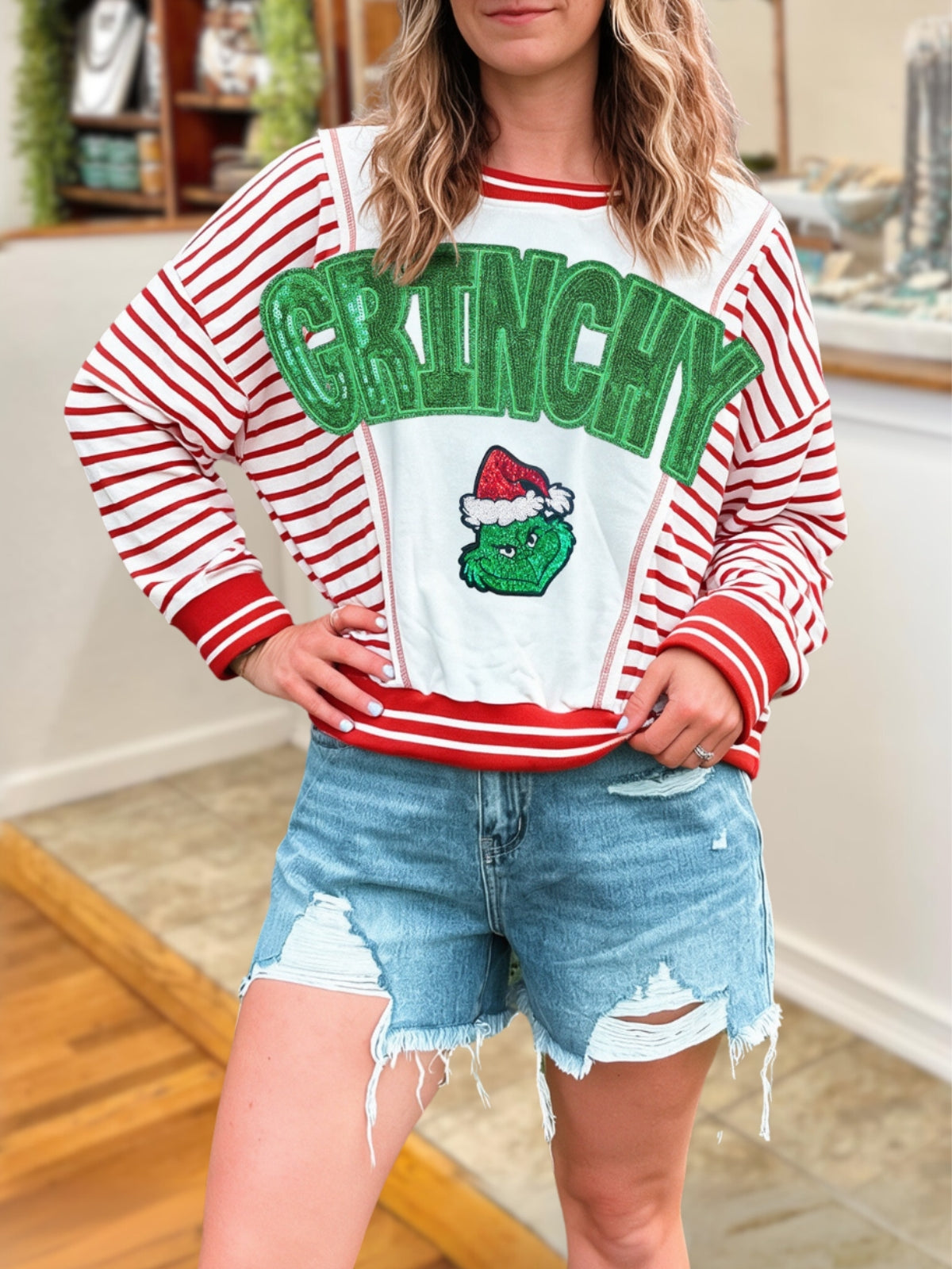 GRINCHY Striped Sequined Pullover