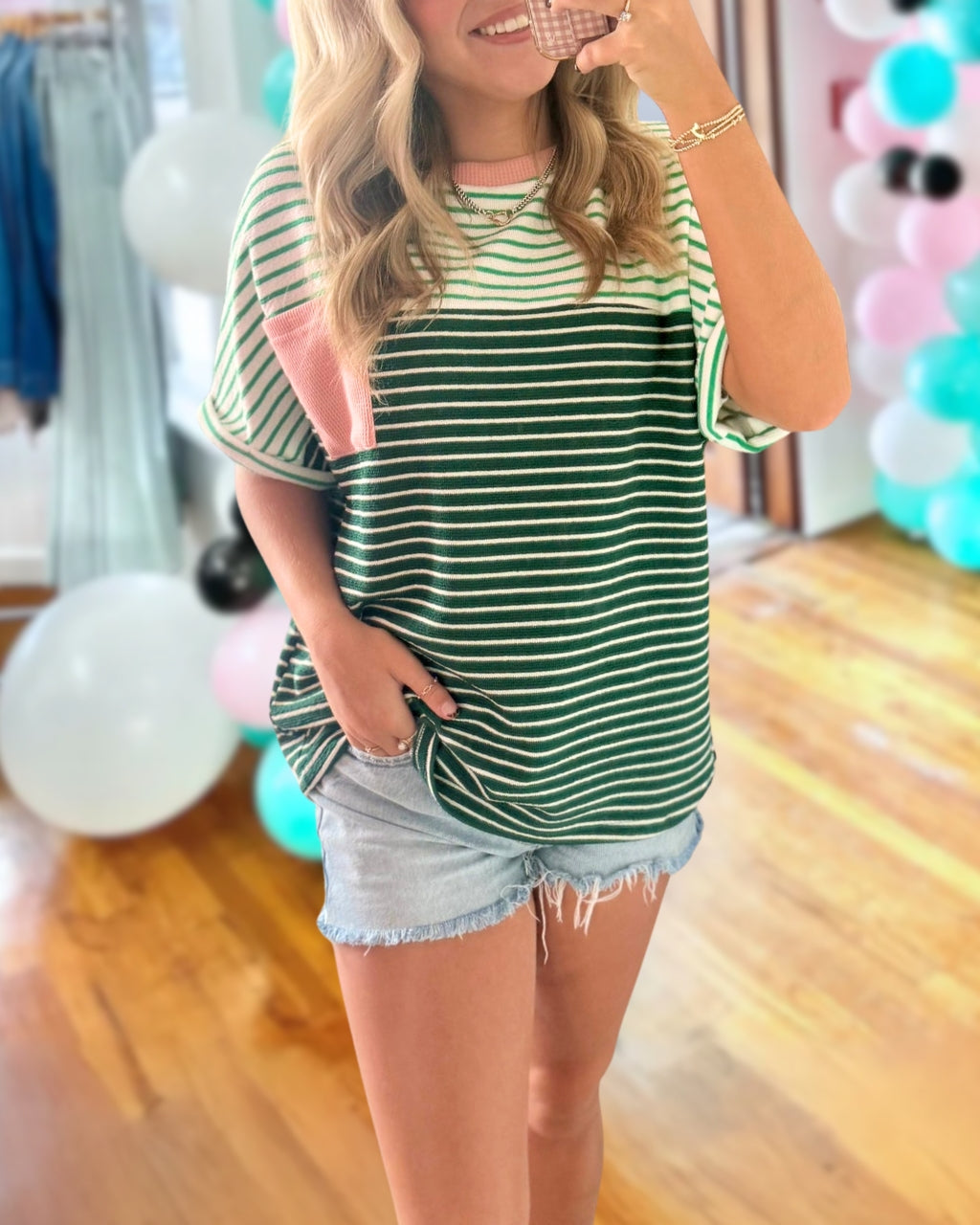 Color-block Striped Ribbed Trim Top