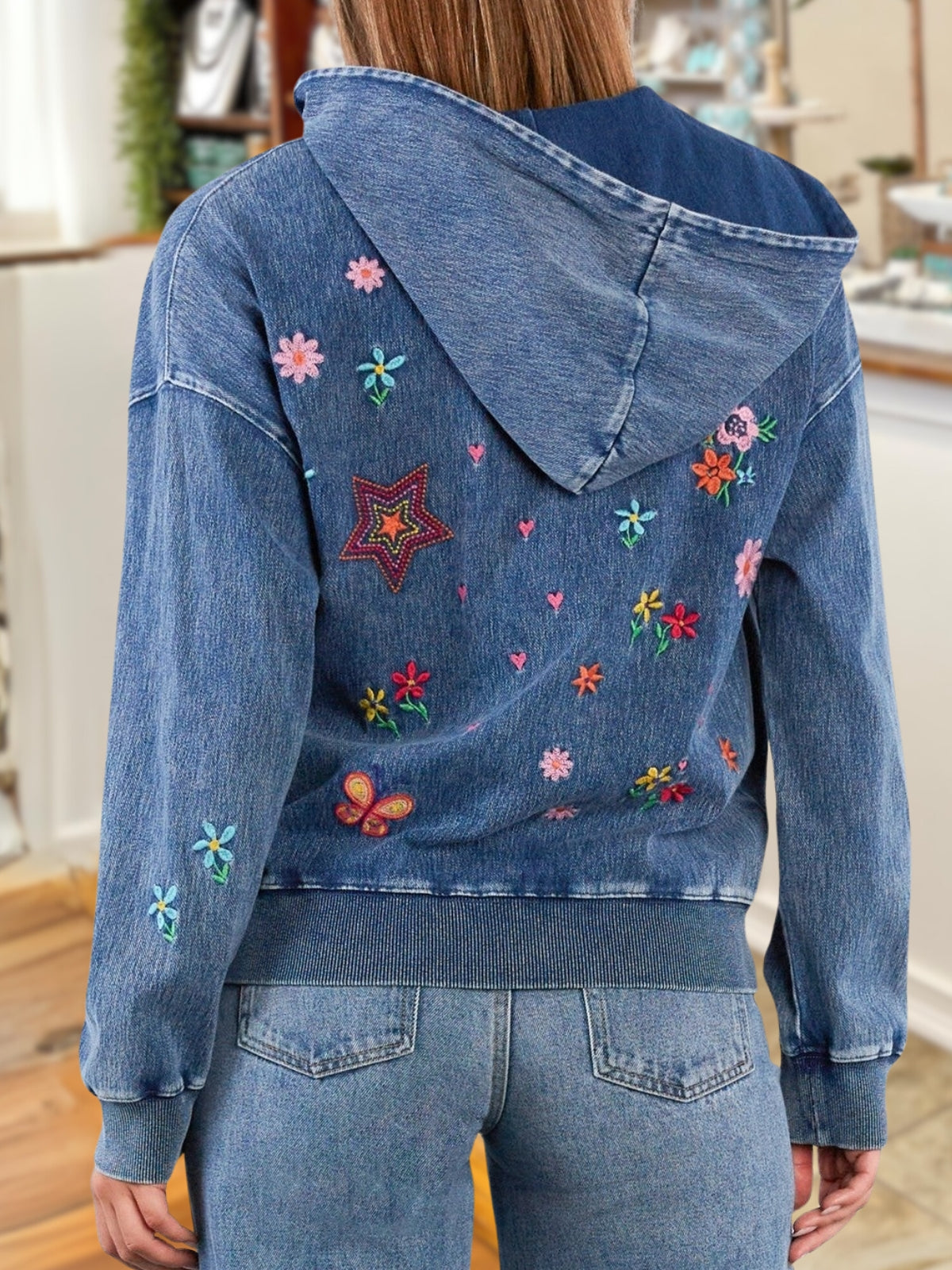 Colorful Floral Star Embroidered Denim Hoodie