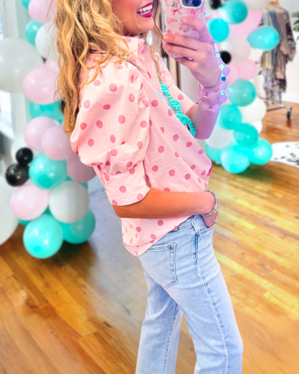 Polka Dot Puff Sleeve Satin Shirt