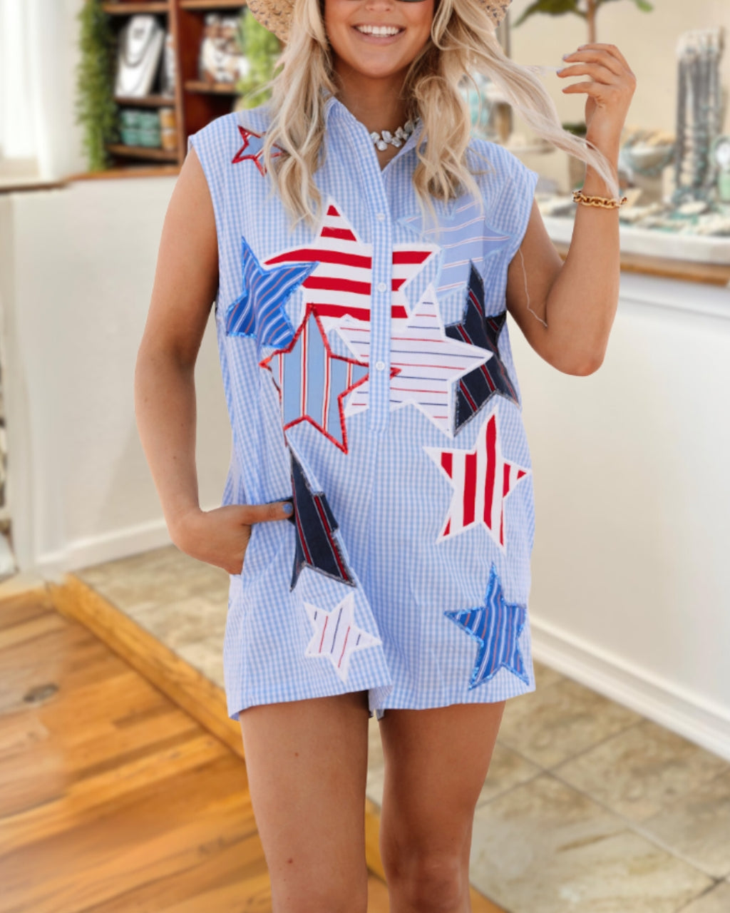 Star Sequined Embroidered Plaid Jumpsuit