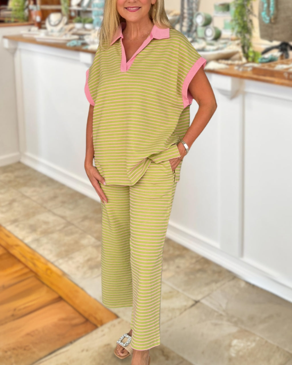 Contrast Trim Striped Set