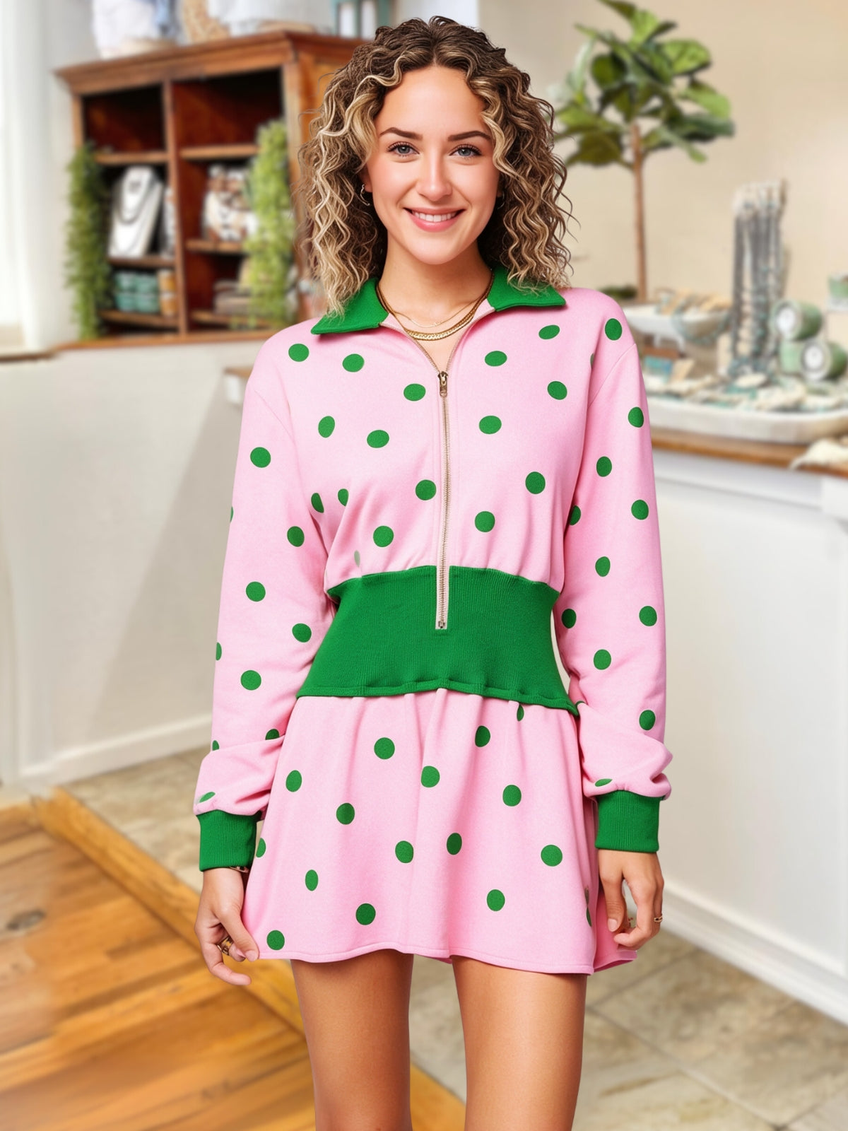 Stylish Polka-Dot Color-Block Collared Dress