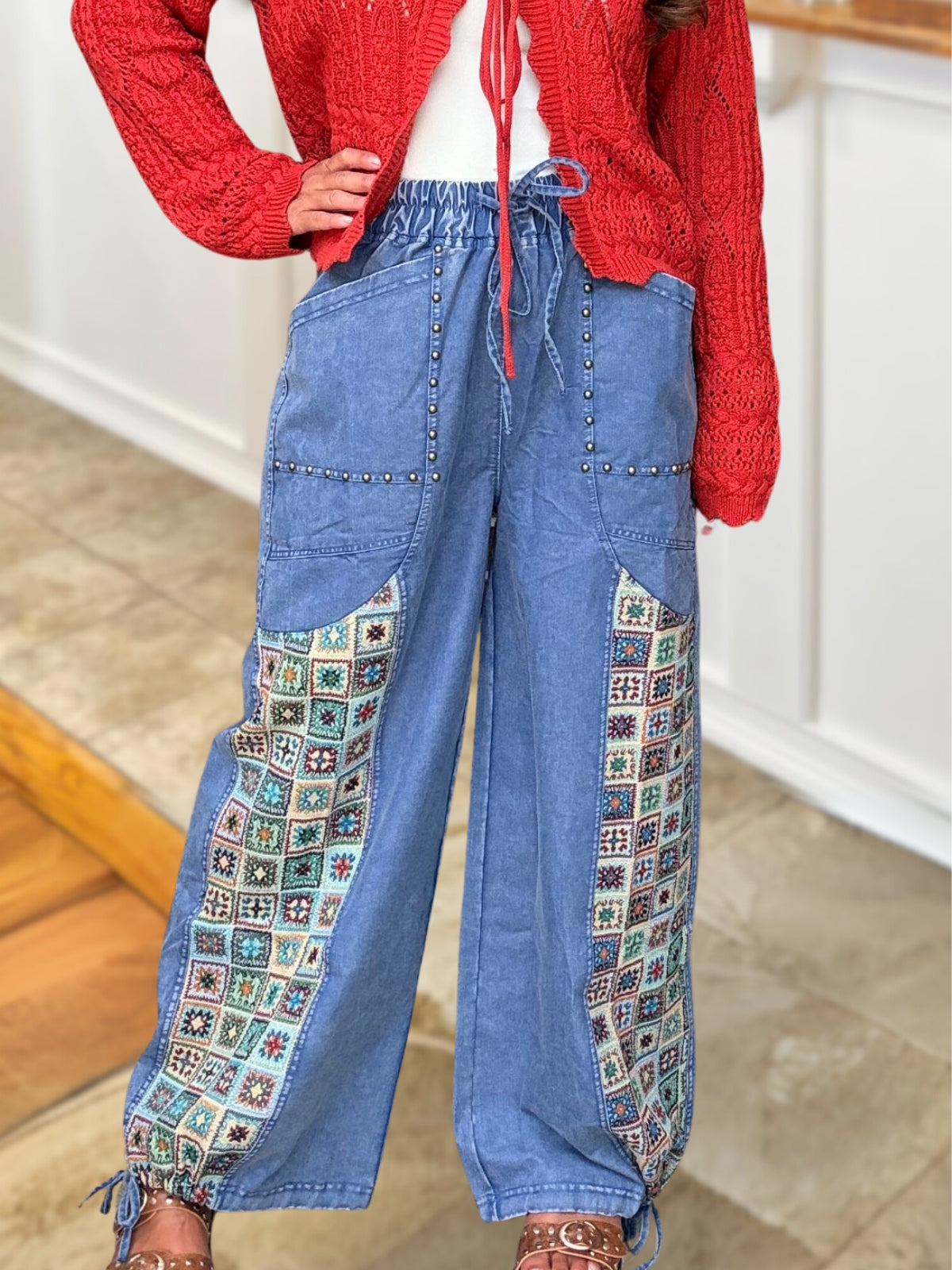 BOHO Mosaic Patchwork Studded Denim Pants