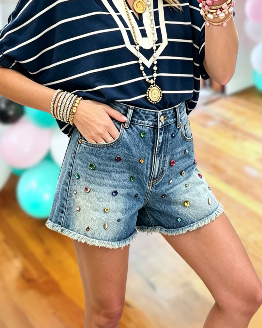 Rhinestone Denim Frayed Shorts