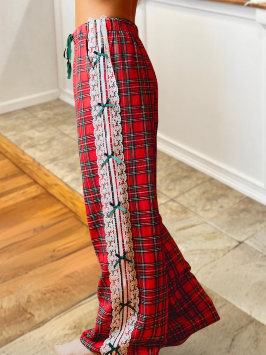 Christmas Lace Bow Plaid Pants