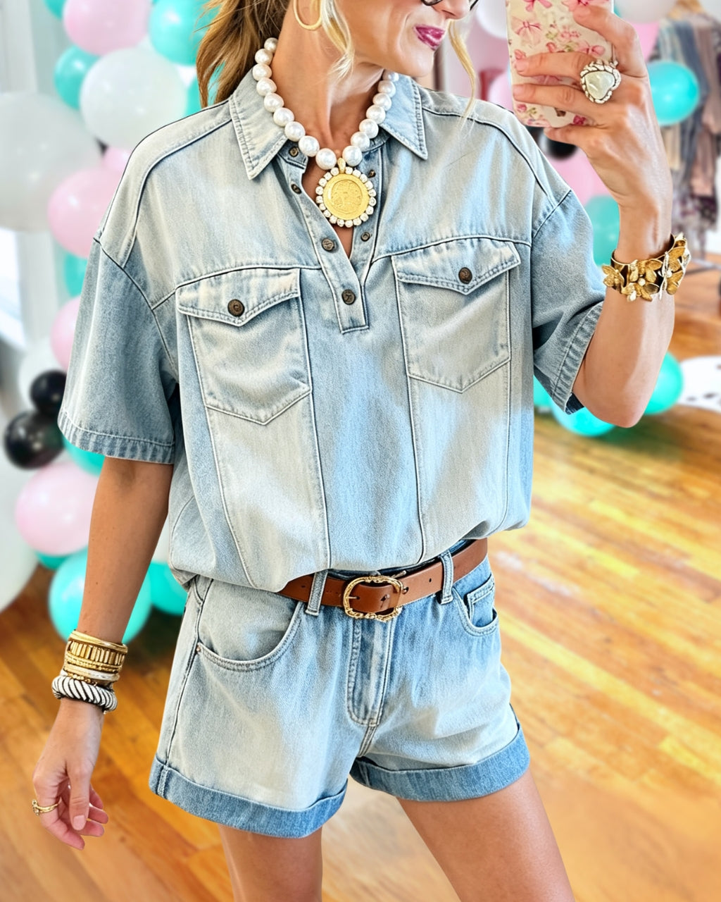 Chic Stylish Denim Shorts Set
