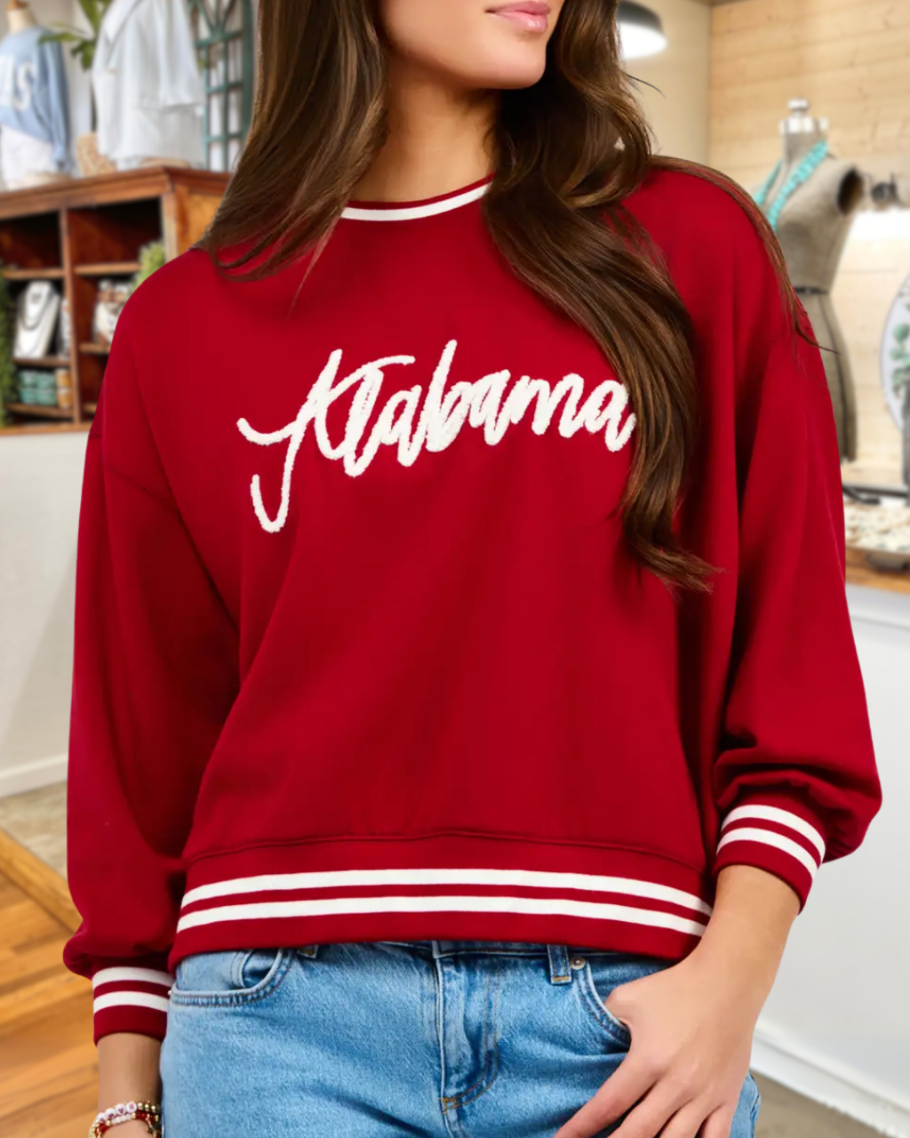Alabama Embroidered Striped-Trim Sweatshirt