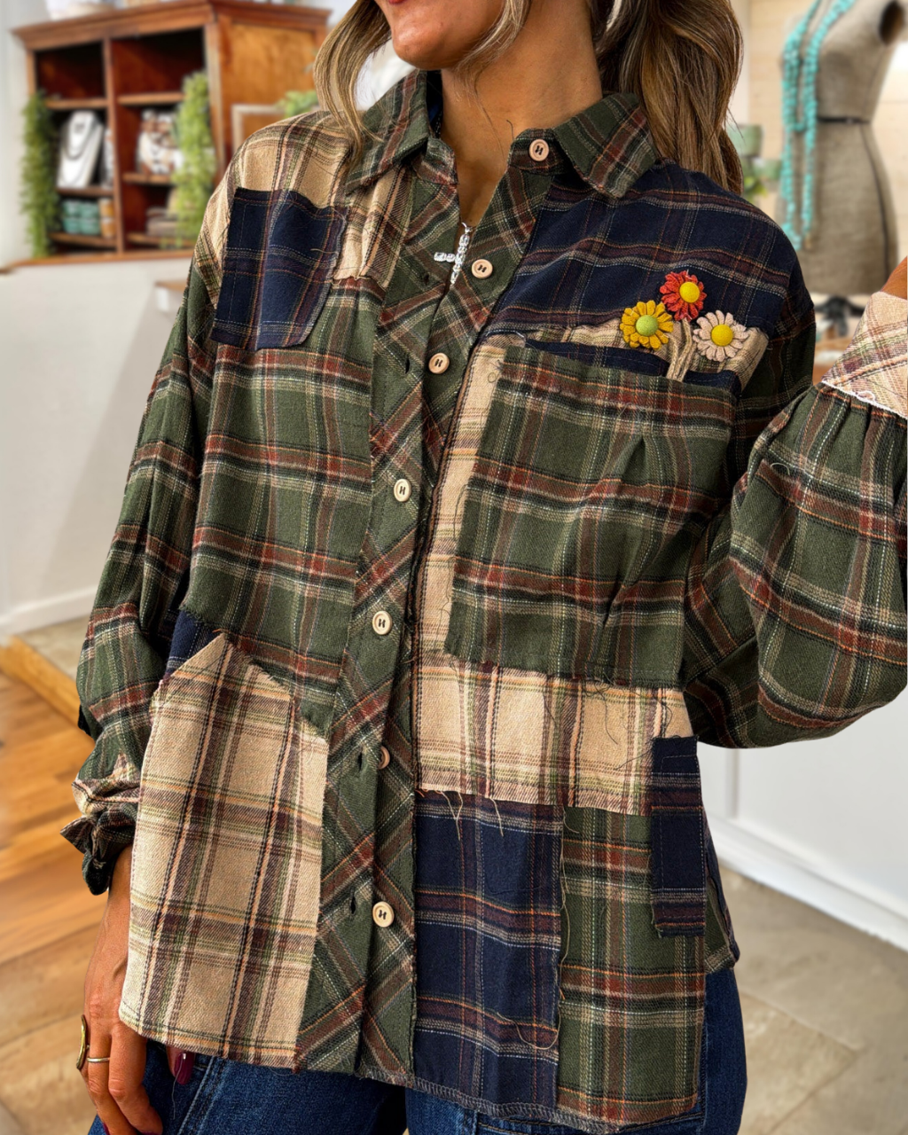 Floral Embroidery Brushed Plaid Patchwork Shirt
