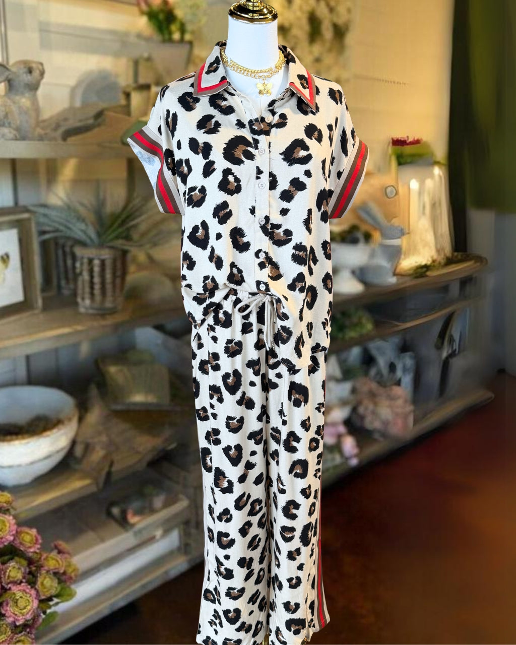 Contrasting Trim Leopard Satin Set