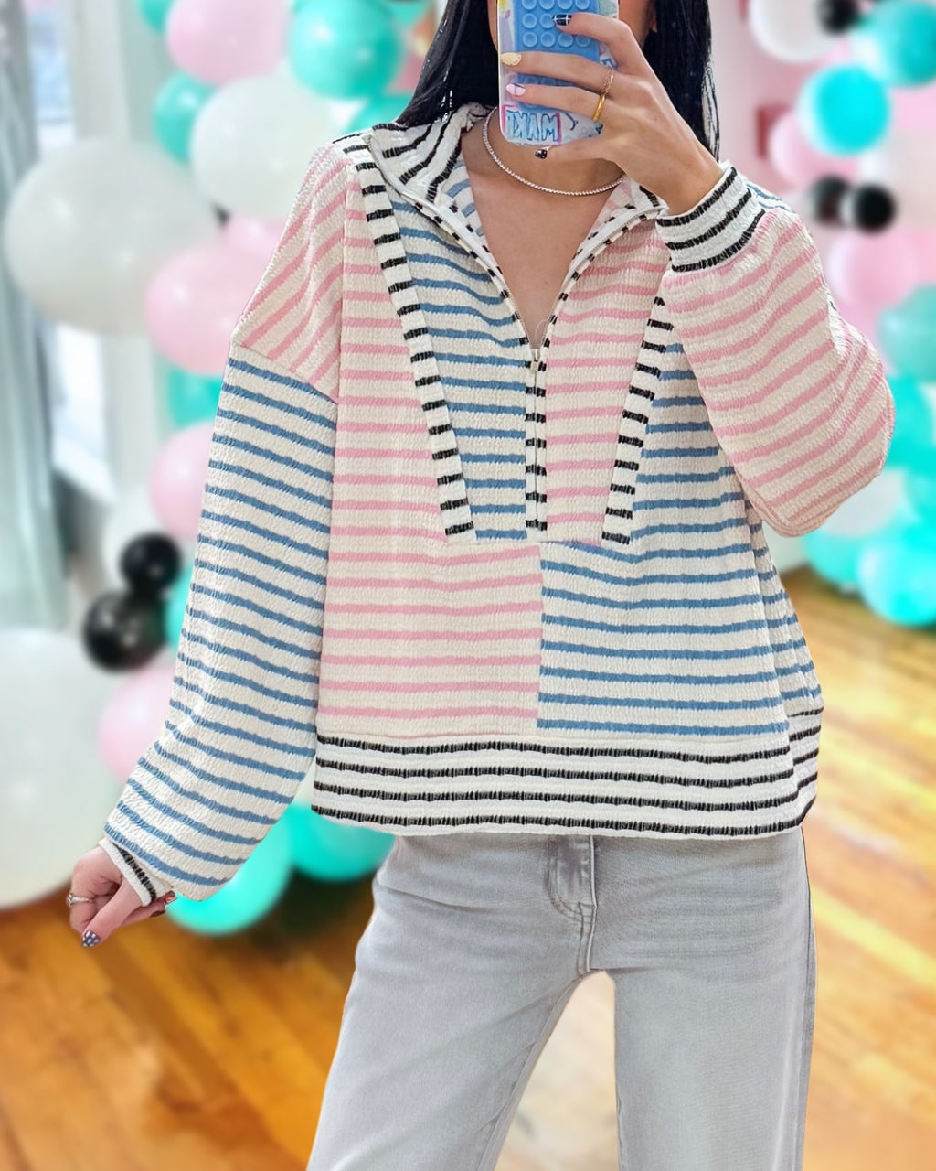 Color Block Striped Half-zip Drop Shoulder Pullover