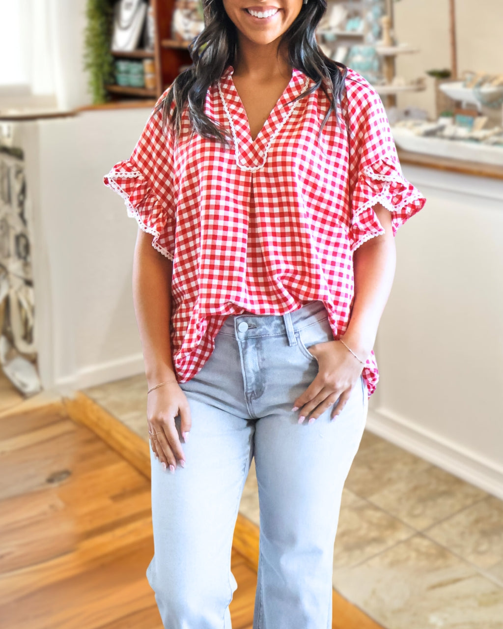 Lace-Trimmed Plaid V-neck Top