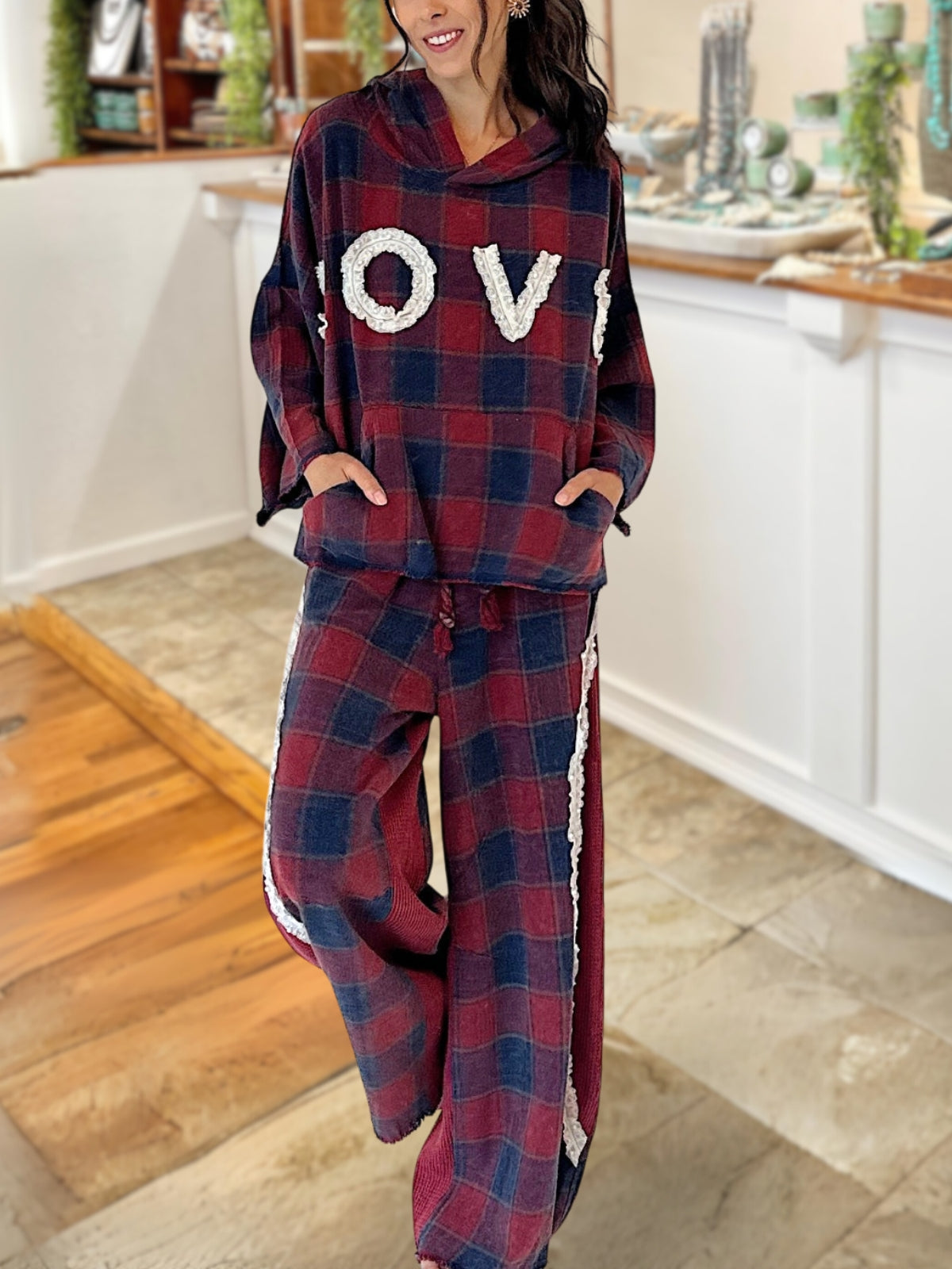 Lace Appliqué Plaid Pants
