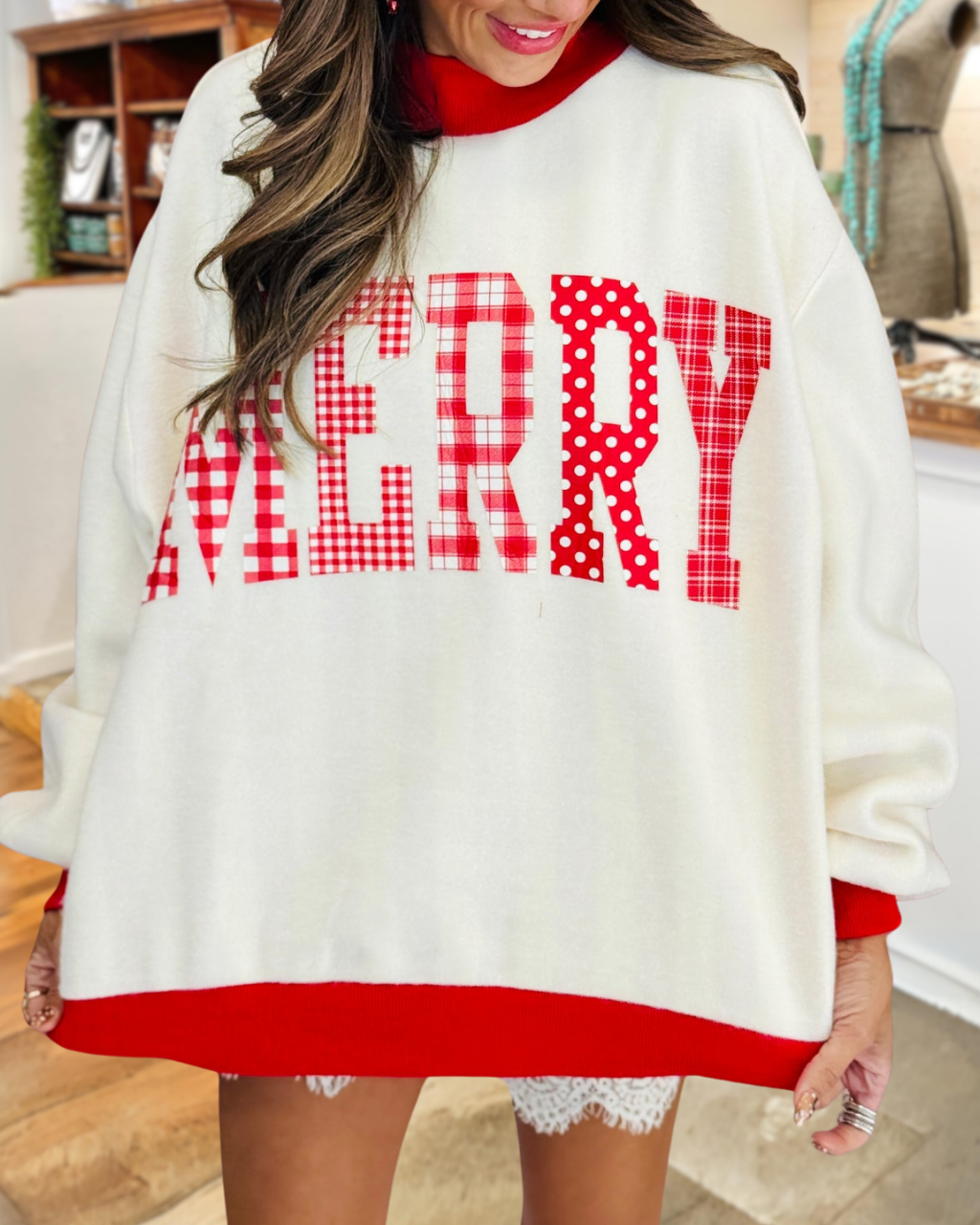 Merry Letter Patch Stripe Reversible Pullover