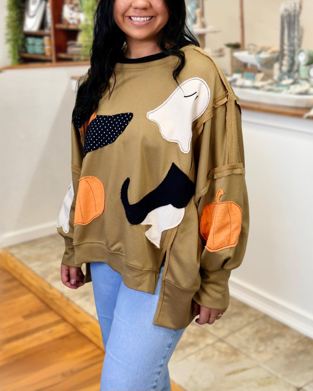 Halloween Pumpkin Ghost Embroidery Patchwork Pullover