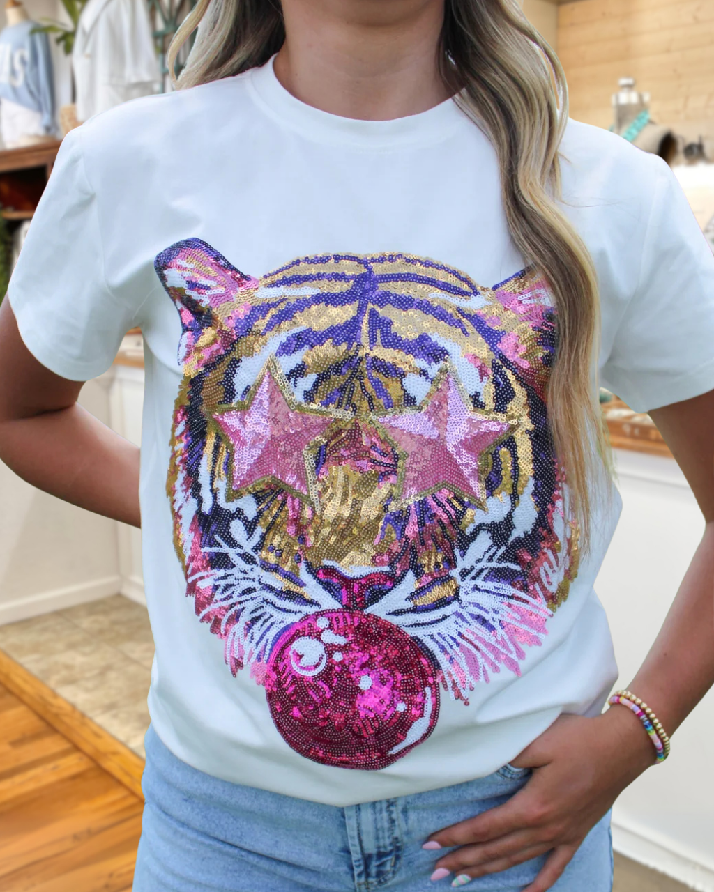 Shining Star Tiger Graphic Sequin Tee