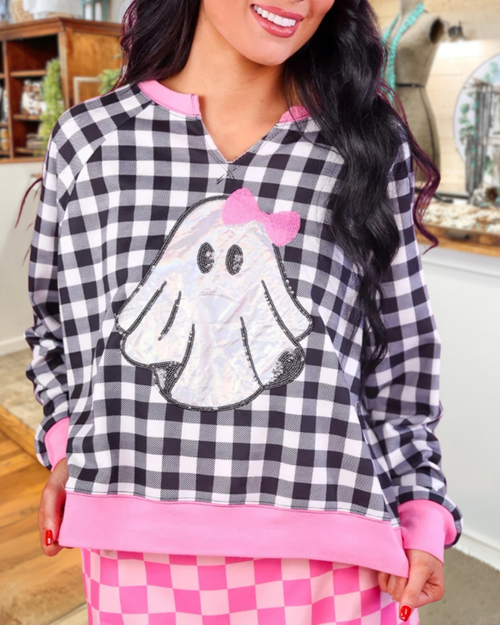 Sequin Bow Ghost Plaid Top