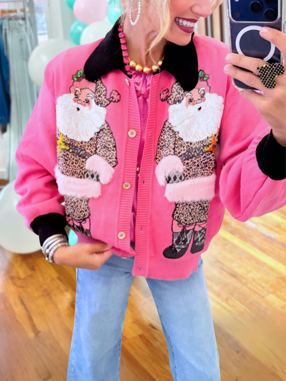 Santa Claus Leopard-Print Sequin Cardigan
