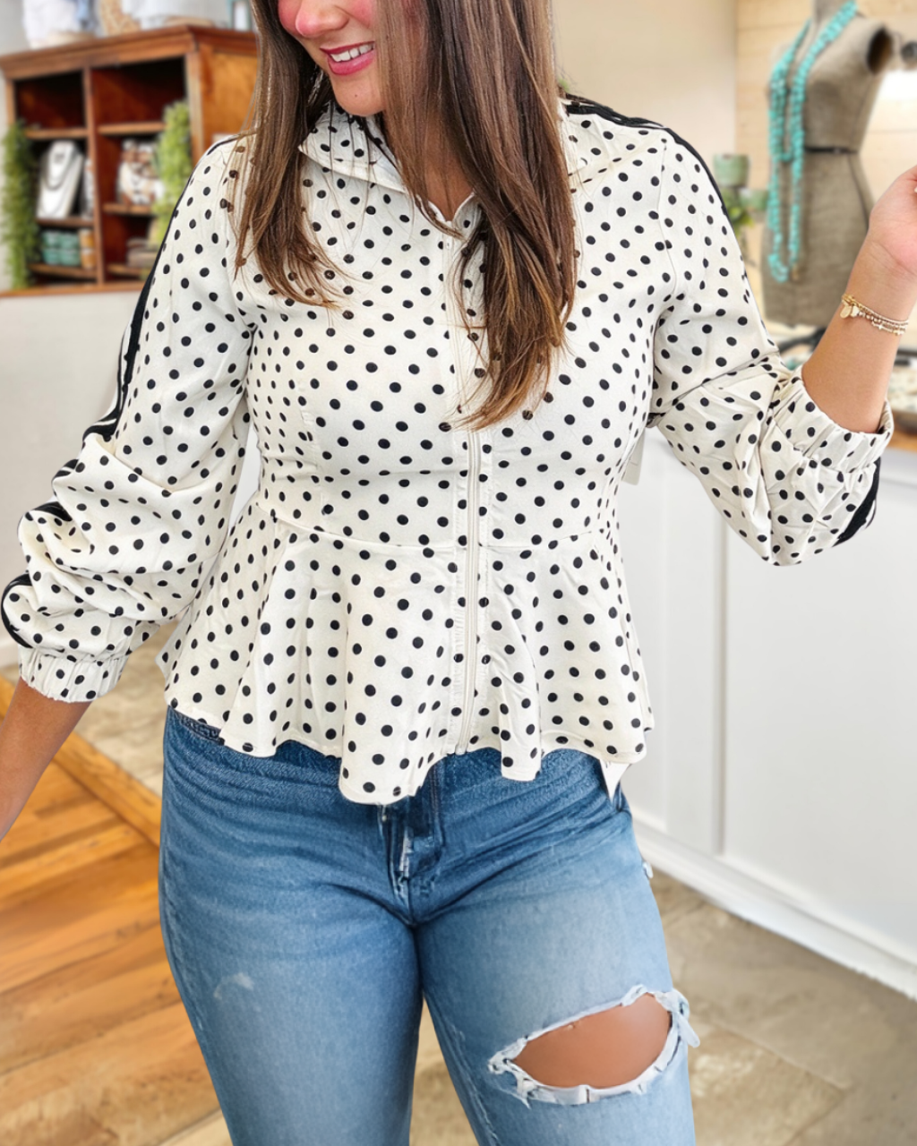 Polka Dot Ruffled Side Stripe Jacket