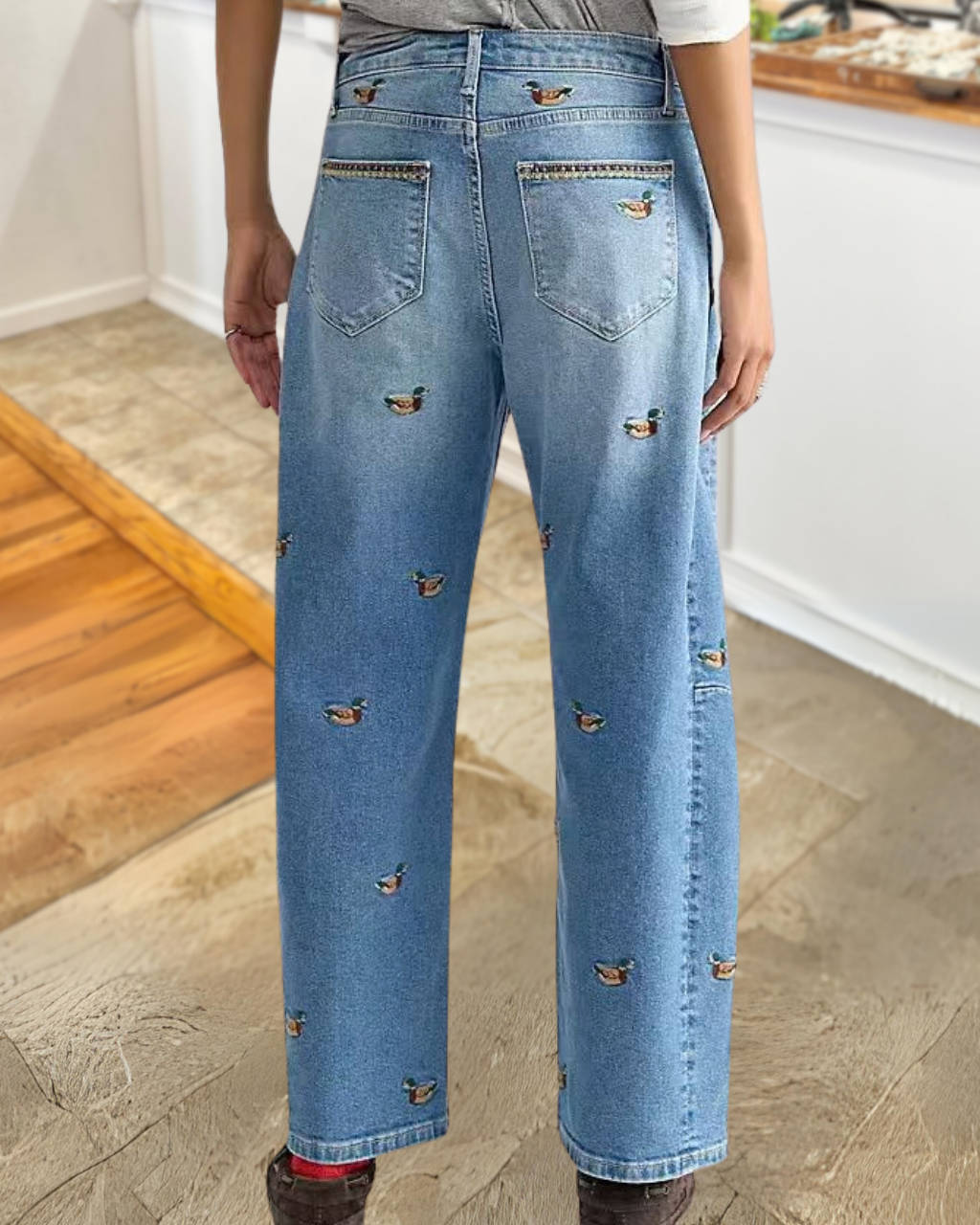 All-Over Mallard Duck Embroidery Jeans
