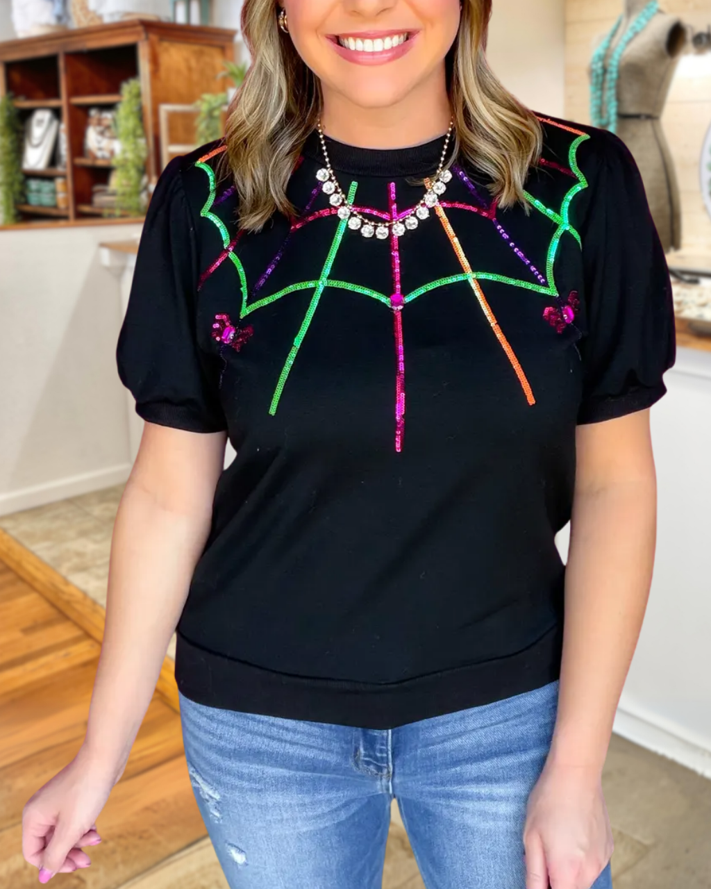 Colorful Sequined Spider Web T-shirt