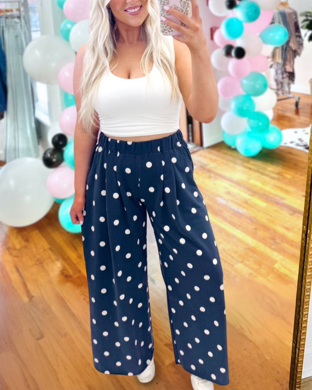 Pleated Polka Dot Wide Leg Pants