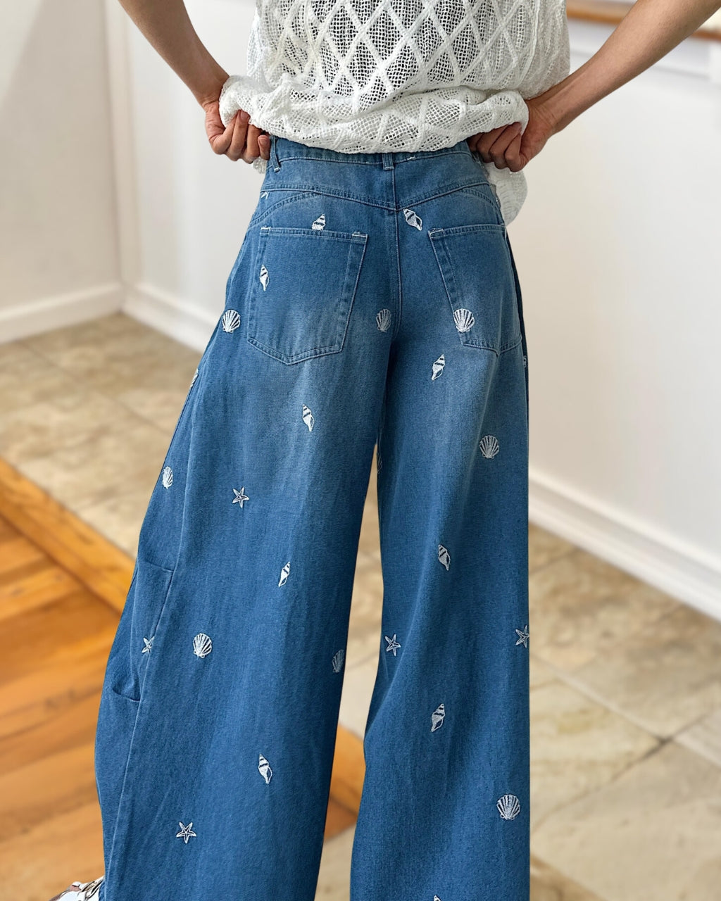 Coastal Embroidered Wide-Leg Denim Pants