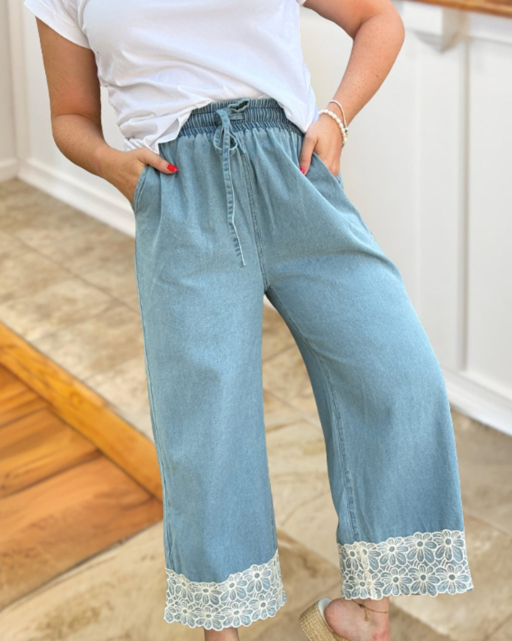 Floral Embroidered Hem Denim Pants