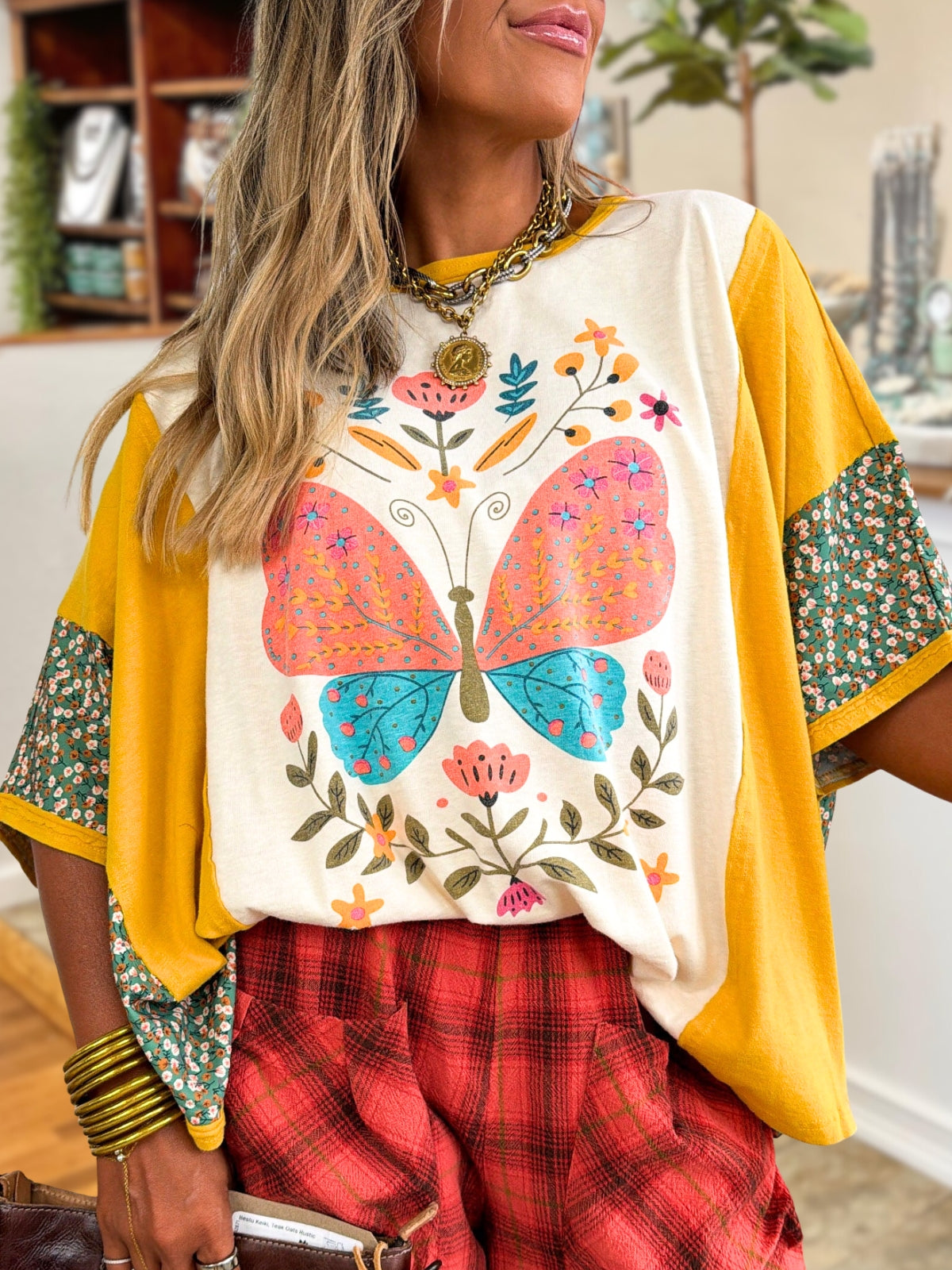 Butterfly and Floral Color-Block Top