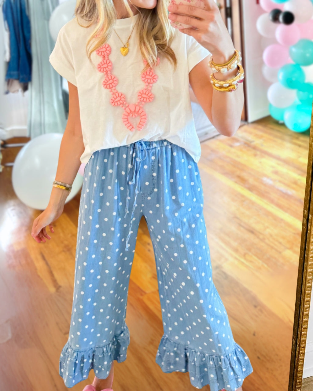 Polka-Dot Ruffled Hem Pants