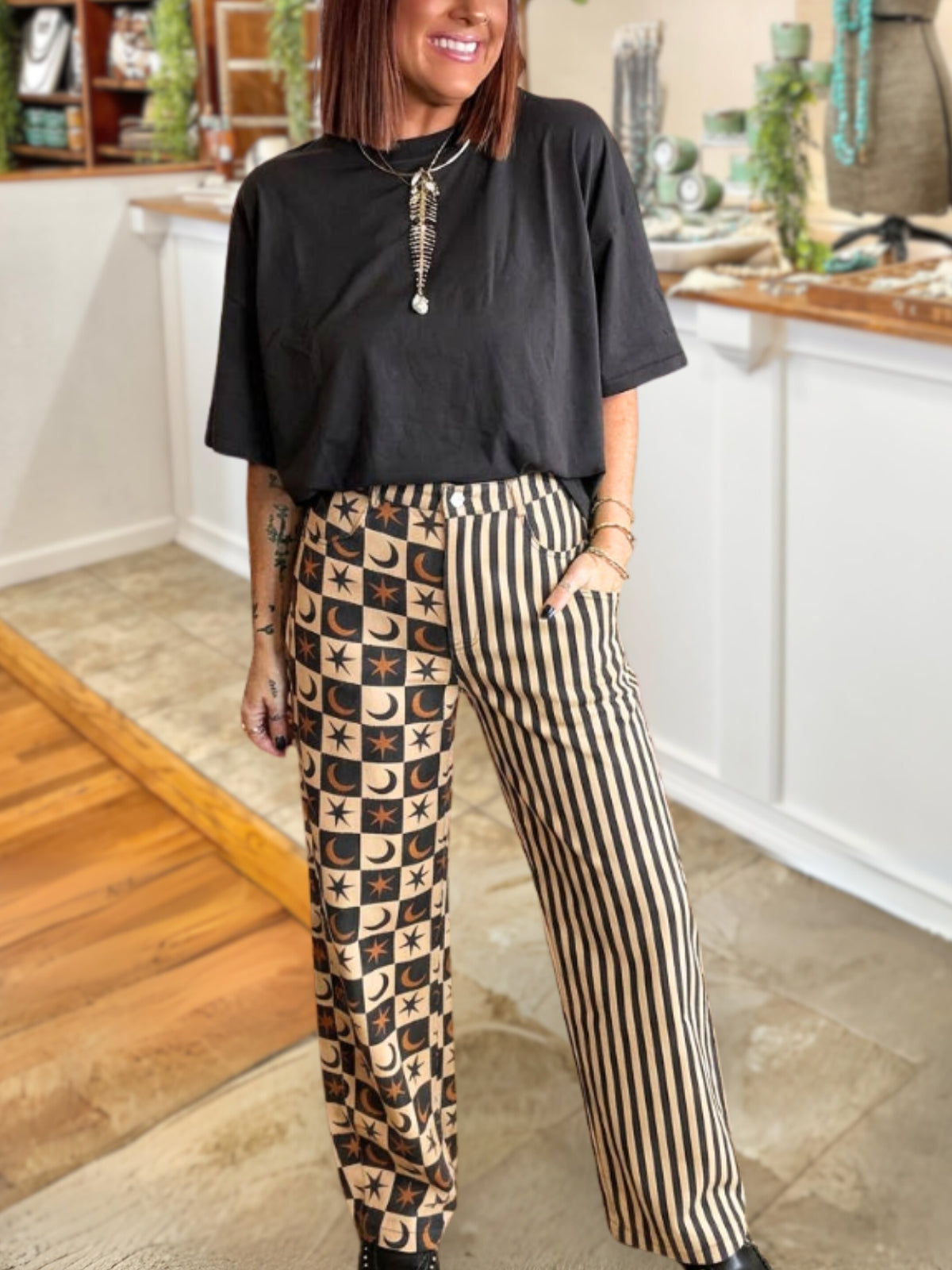 Striped Star Moon Checkerboard Patchwork Pants