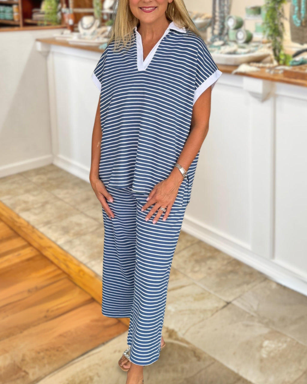 Contrast Trim Striped Set