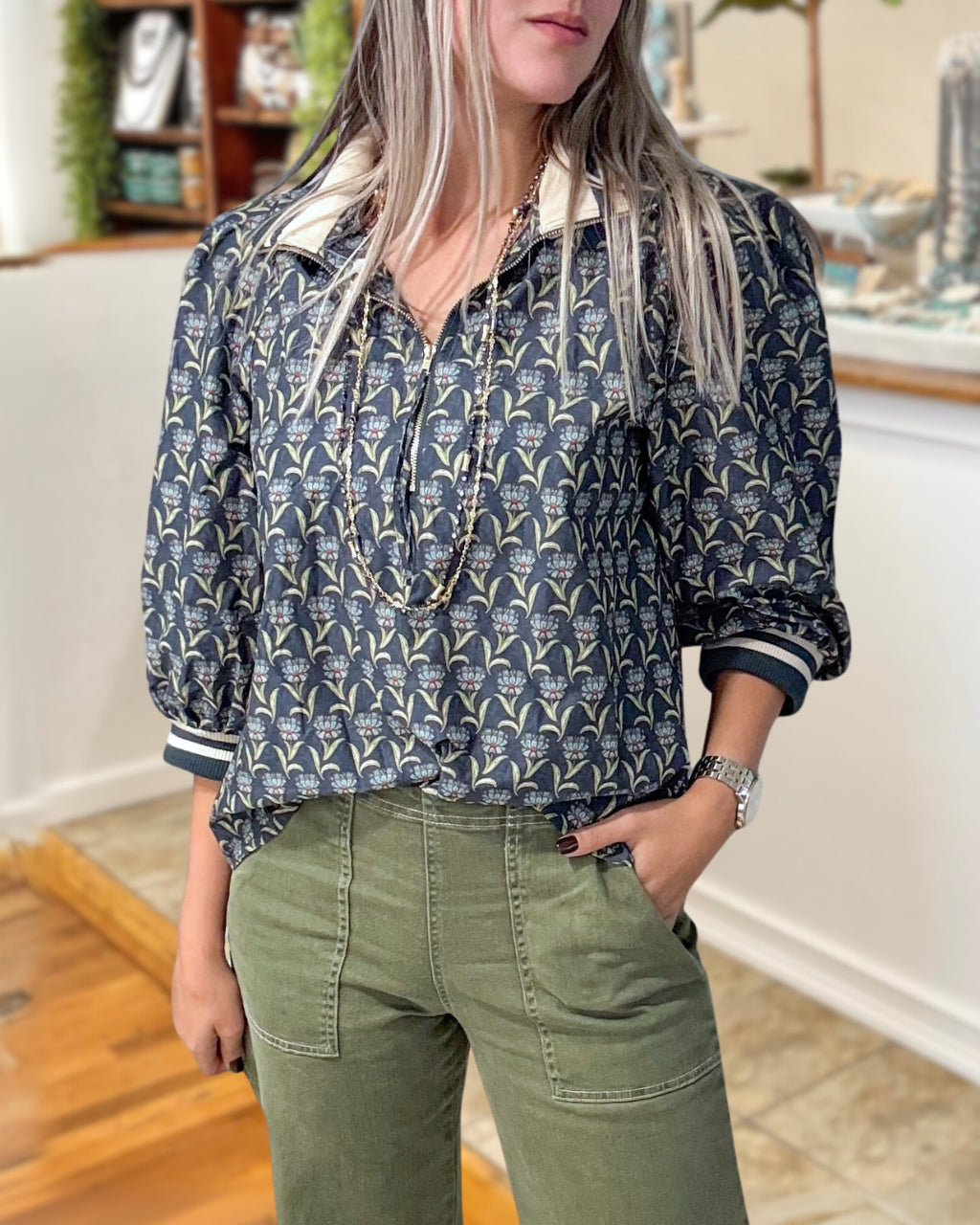 Floral-Patterned Half-Zip Top