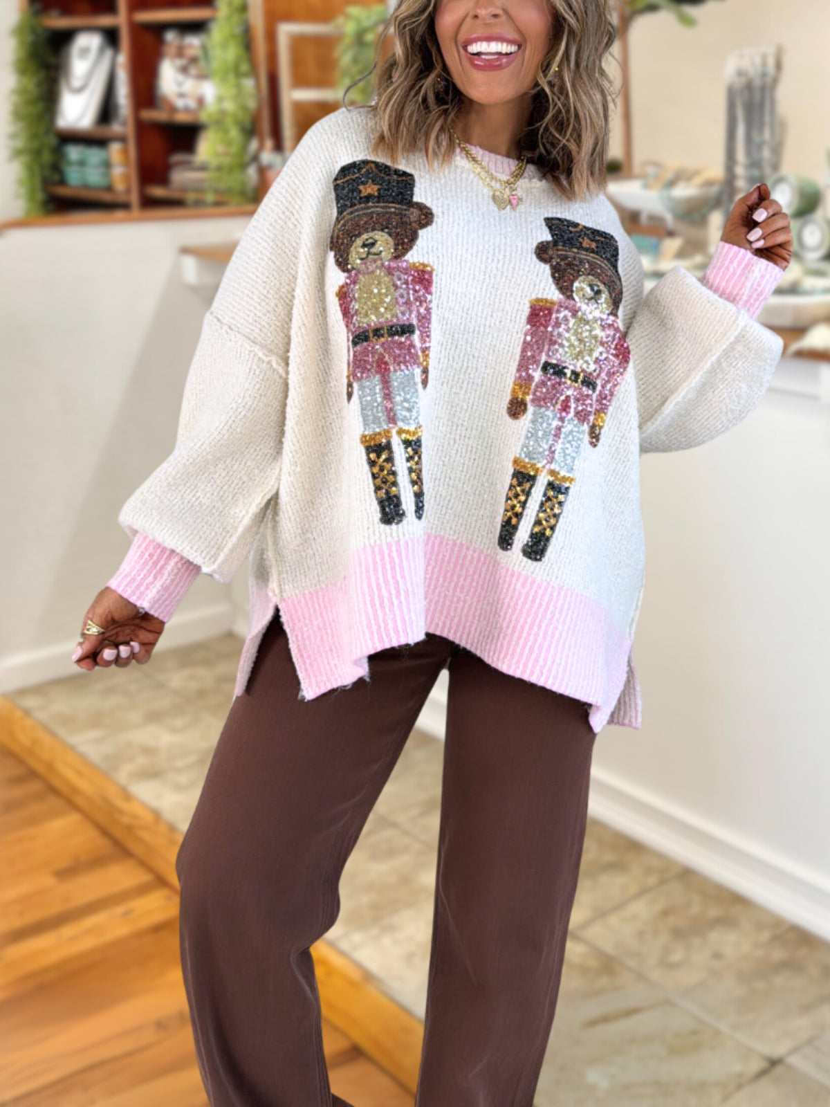 Teddy Bear Nutcracker Sequined Pullover