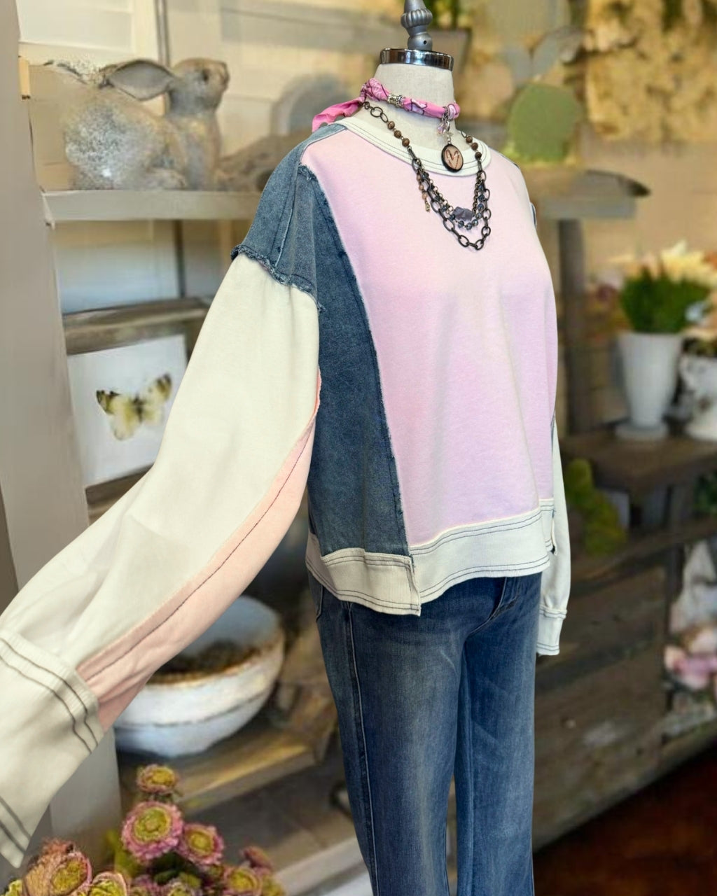 Washed Distressed Color Blocked Pullover