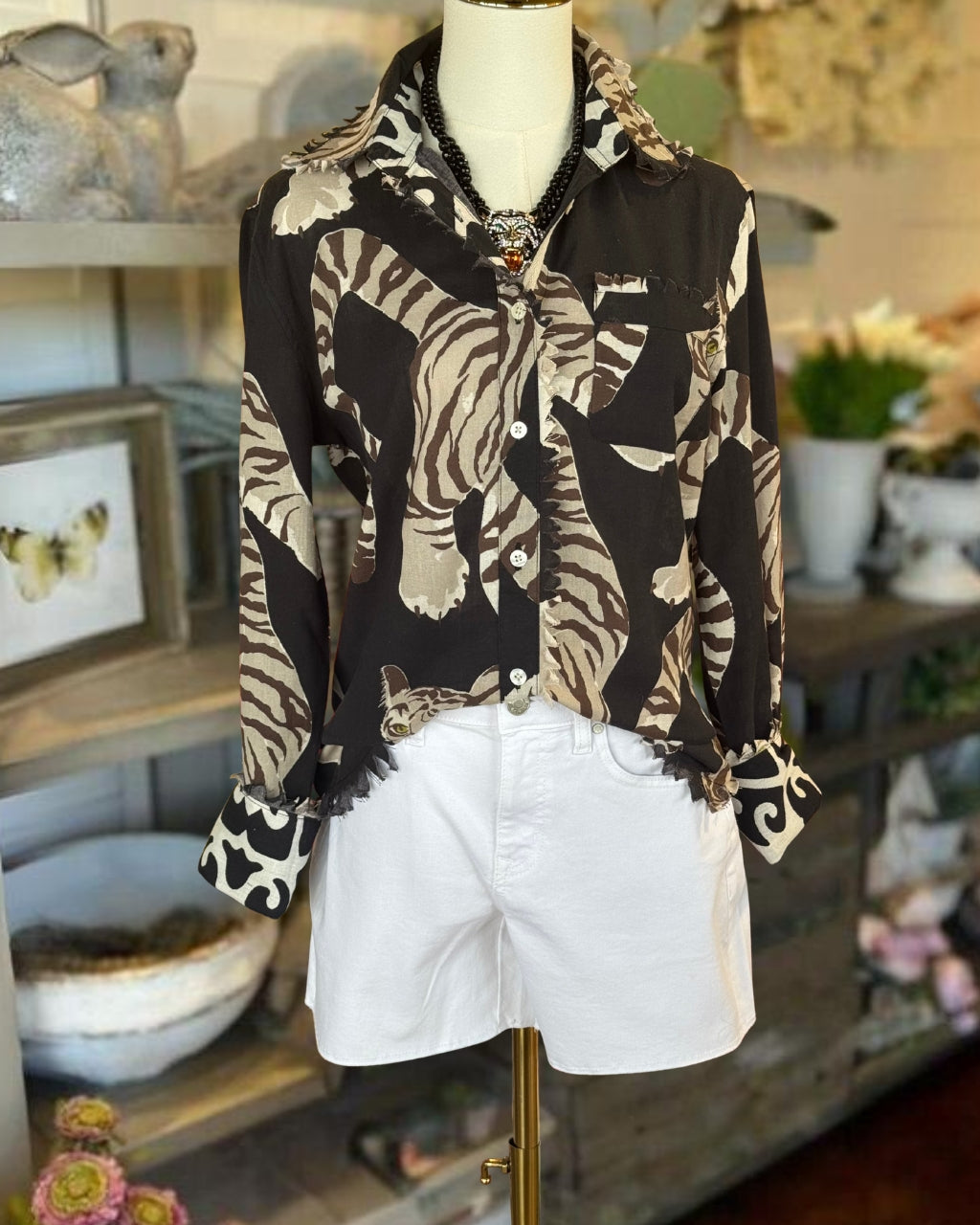 Tiger Print Raw-edge Shirt