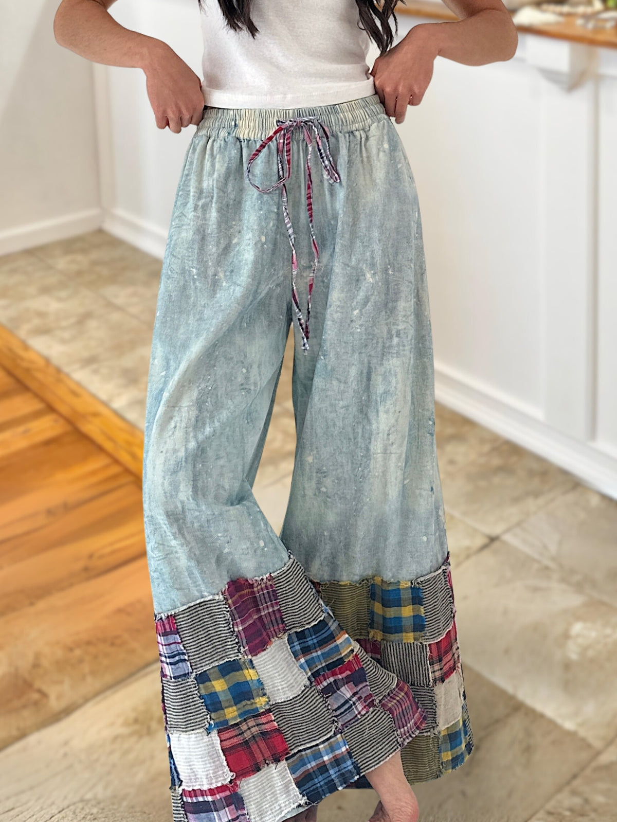 Plaid Patchwork Denim Wide-Leg Pants