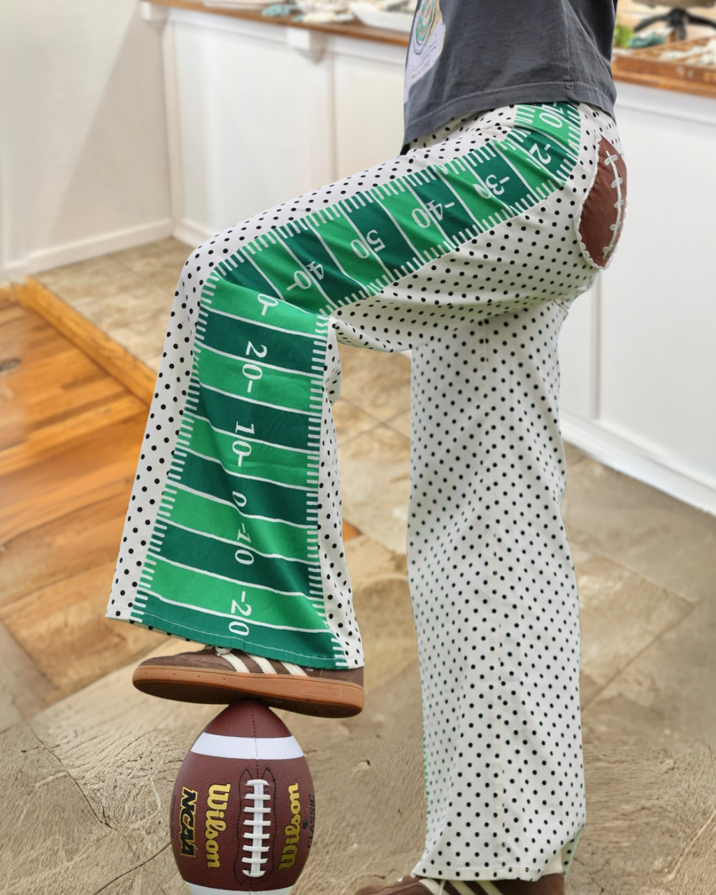Football Embroidered Field Yard Lines Wide Leg Pants