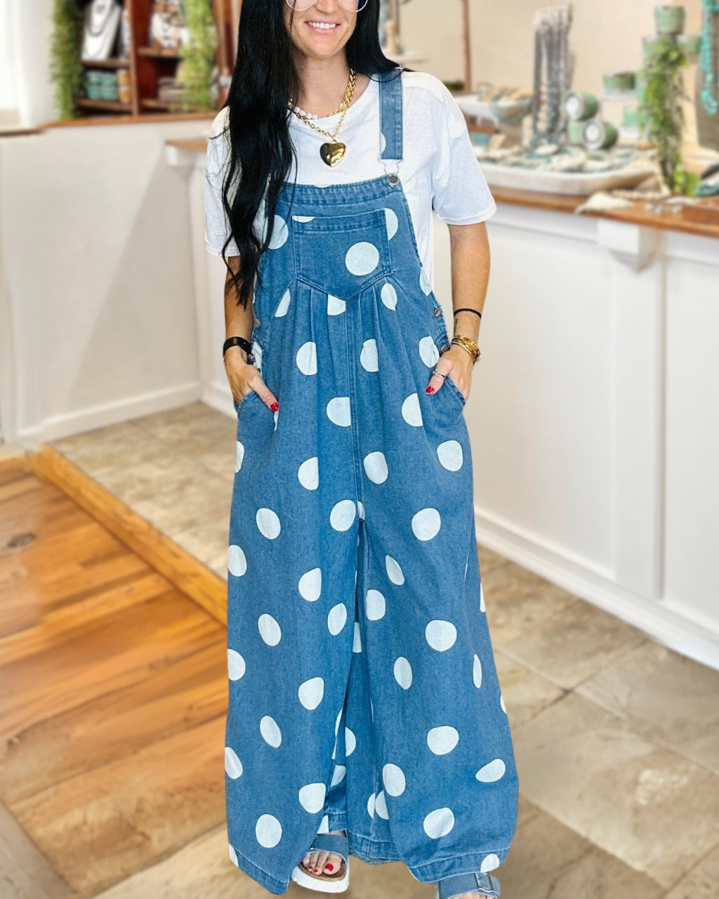 Polka Dot Print Denim Overalls