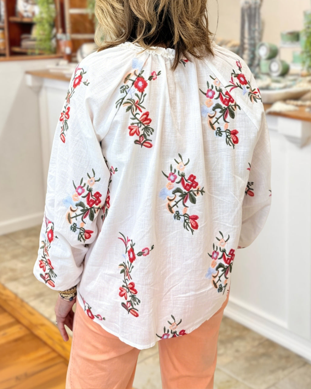 Floral Embroidered Linen V-Neck Top