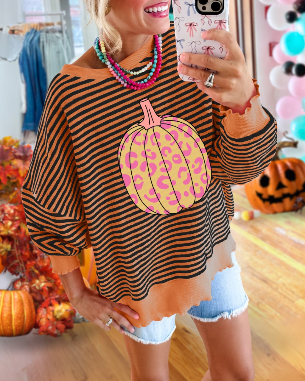 Fun Leopard Pumpkin Stripe Pullover