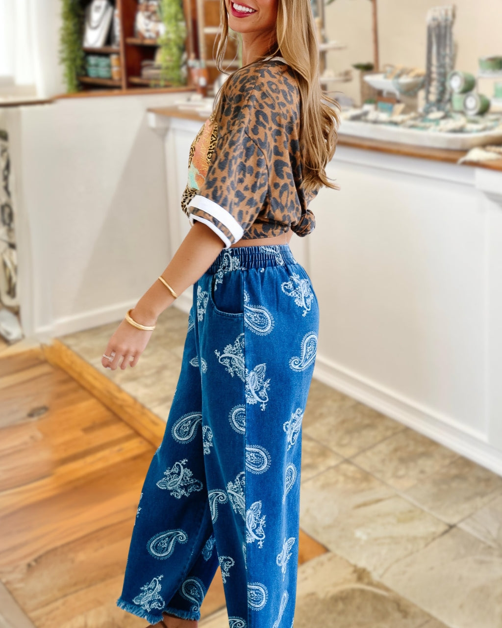 Paisley Wide-Leg Denim Pants