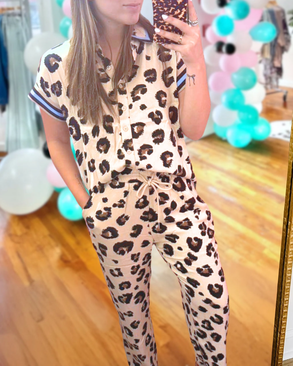 Contrasting Trim Leopard Satin Set