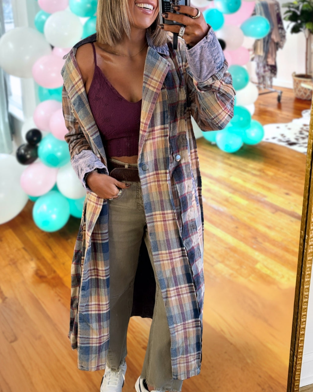 Plaid Patchwork Washed Maxi Coat