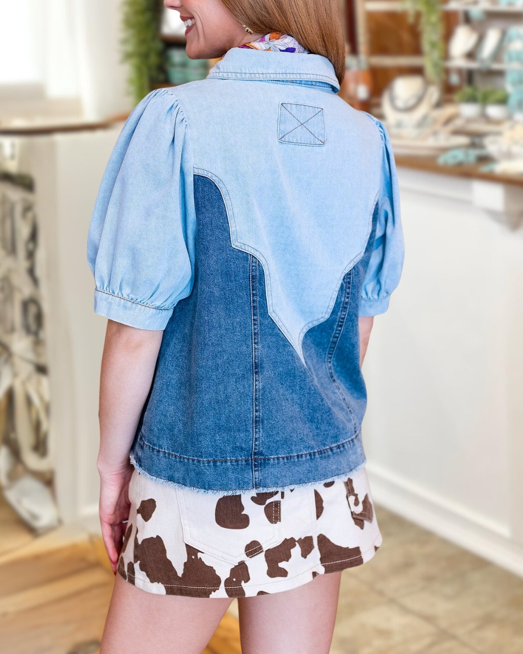 Color-blocked Denim Puff Sleeve Shirt