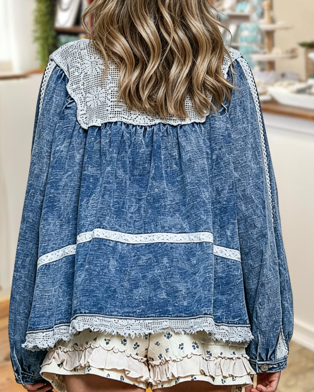 Denim Lace Patchwork Long-sleeved Top
