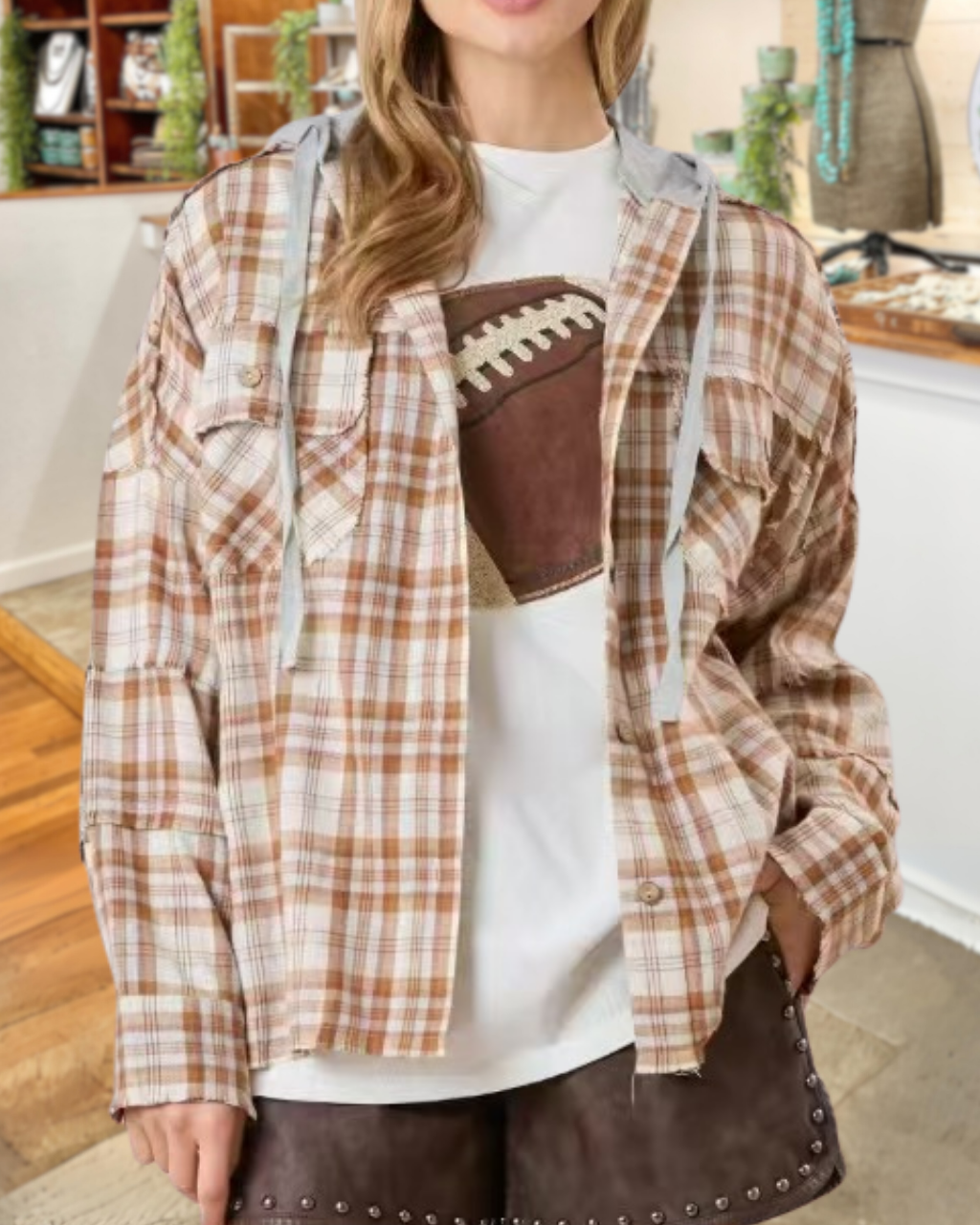 Touchdown Embroidered Plaid Hooded Jacket