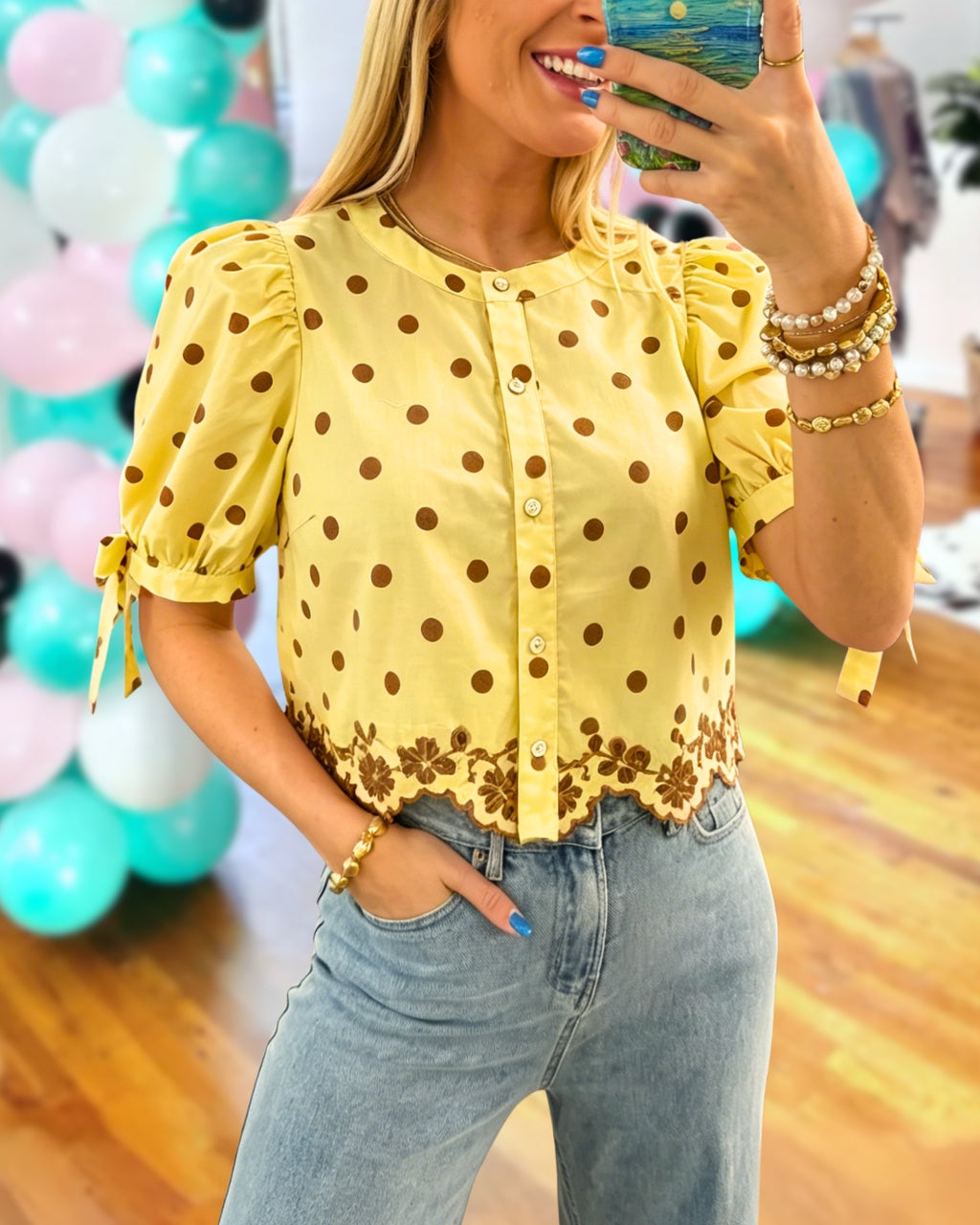 Polka Dot Embroidered Trim Top