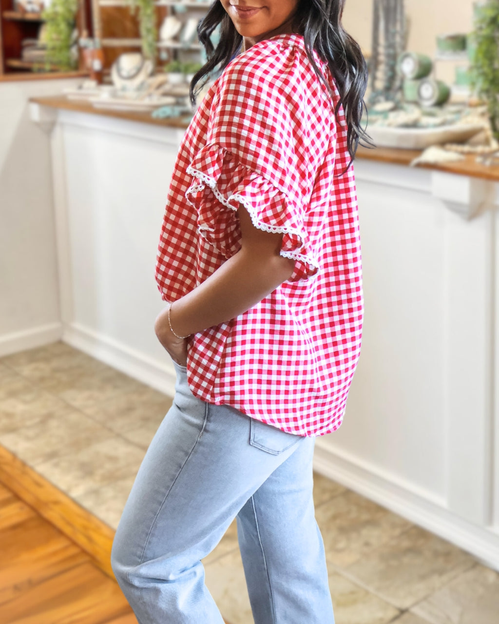 Lace-Trimmed Plaid V-neck Top