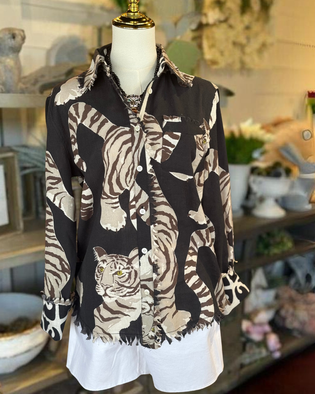 Tiger Print Raw-edge Shirt
